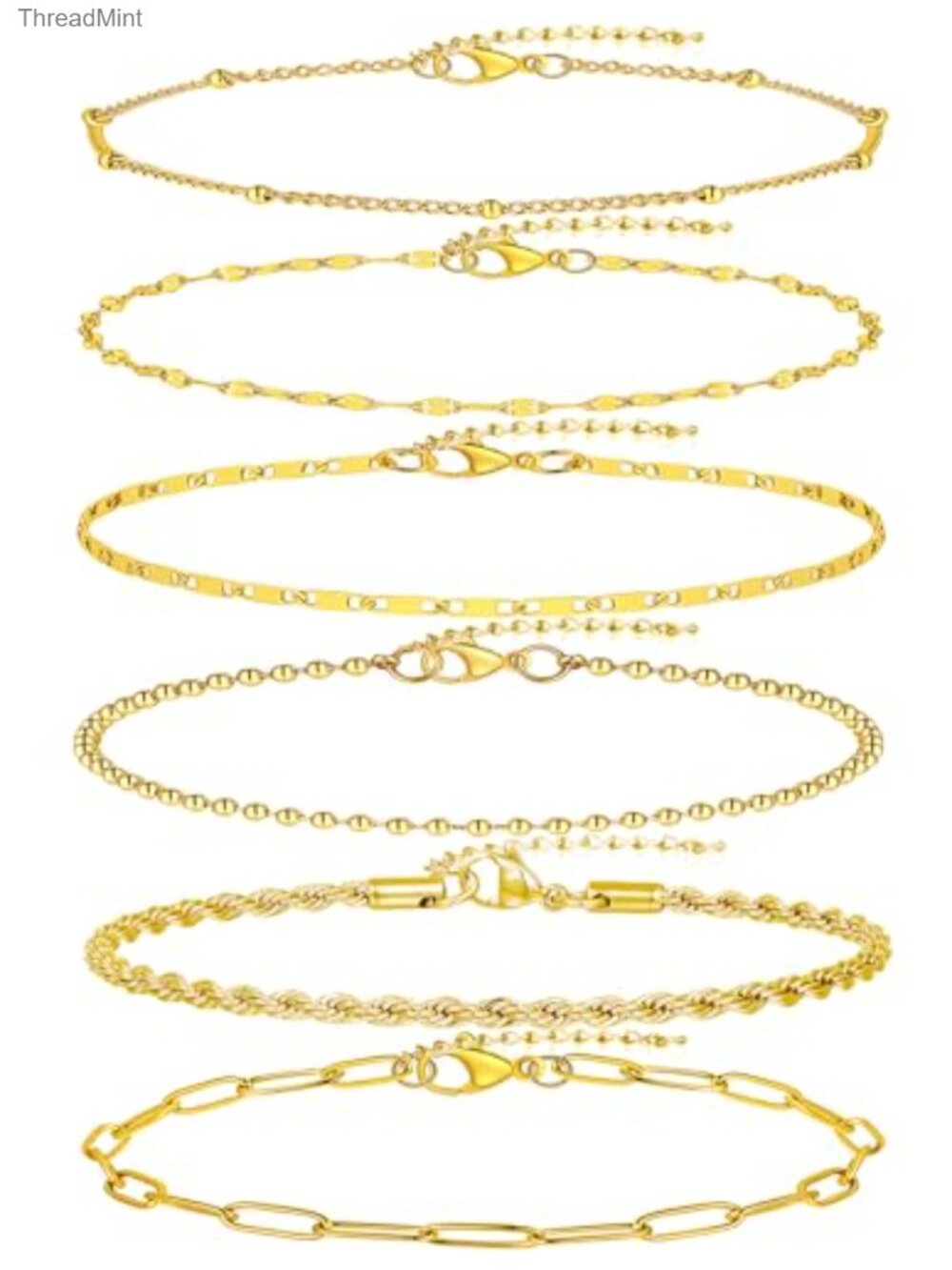 6PCS Ankle Bracelets Set - Gold Plated Stainless Steel Layered Herringbone